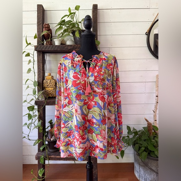 Belle by Kim Gravel: Vibrant Floral Blouse with Tassel Detail - Picture 3 of 17